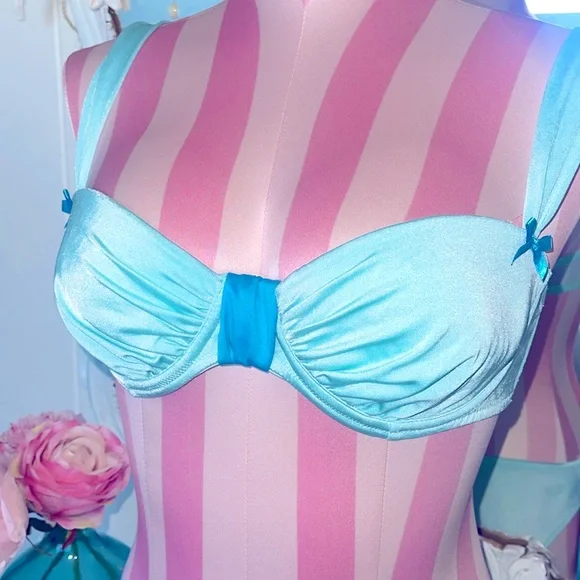 VS 2 PC Bride Tiffany Blue Wedding Demi Lined Bra Bling Bow Panties - Picture 4 of 9